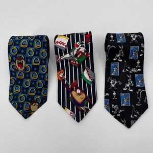 Vintage Looney Tunes Mania Silk Tie Lot 3 Taz Bugs Bunny Sylvester 90s Novelty
